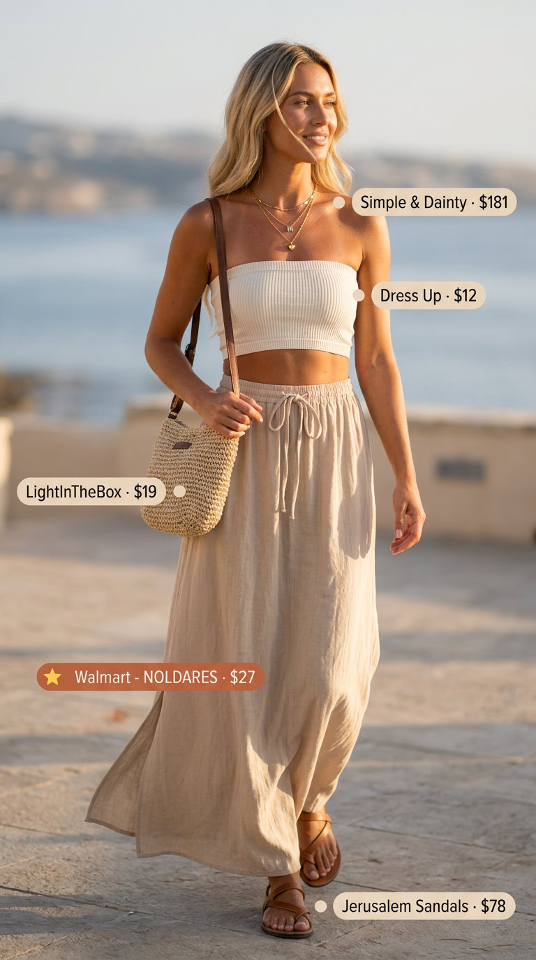 Relaxed summer tube top with maxi skirt outfits 2026: Cream tube top, beige linen maxi skirt, straw bag.
