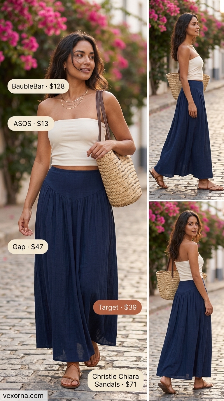 Relaxed summer tube top with maxi skirt outfits 2026: Ivory tube top, navy maxi skirt, straw tote.