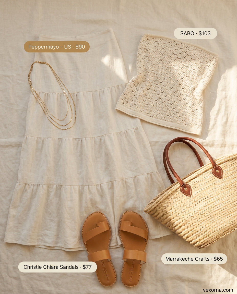 Coastal breeze serenity outfit: Crochet tube top, linen maxi skirt. Summer tube top with maxi skirt outfits 2026.