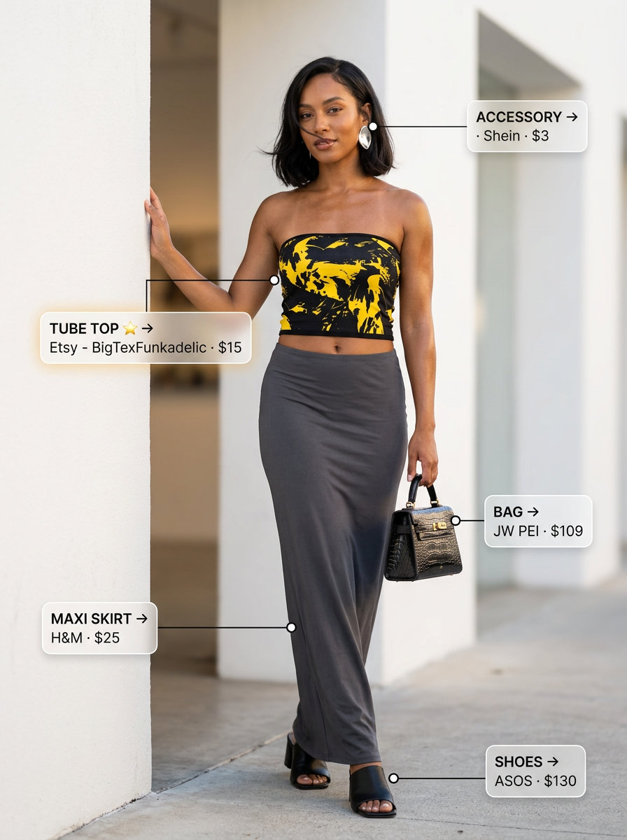 Artistic summer tube top with maxi skirt outfits 2026: Abstract print tube top, charcoal grey maxi skirt, block heels.