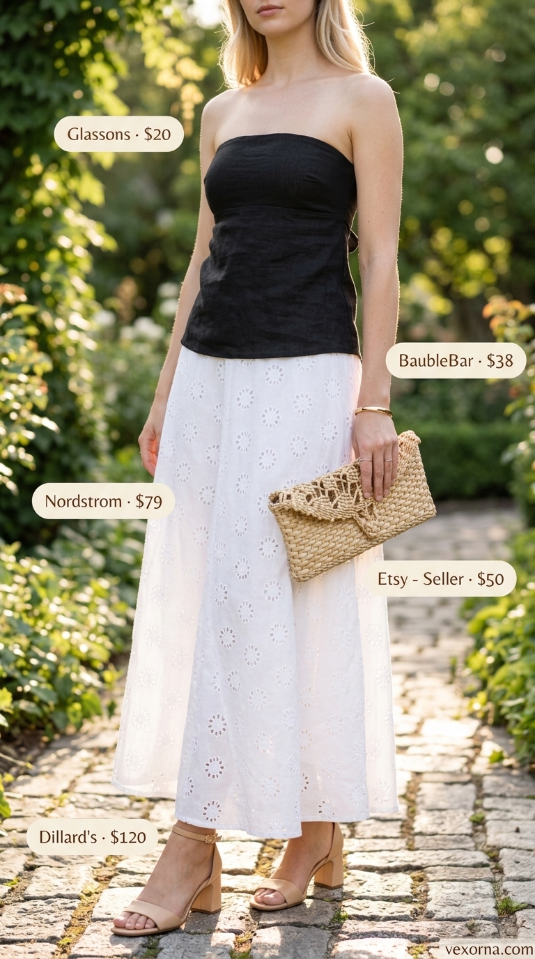 Summer garden party outfit: Pink tube top, white eyelet maxi skirt. Summer tube top with maxi skirt outfits 2026.