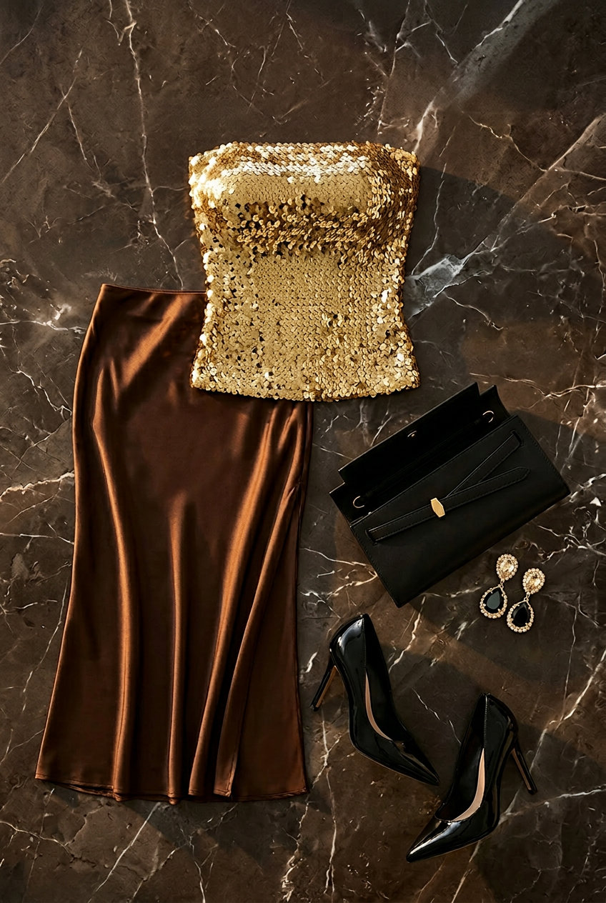 Glamorous summer tube top with maxi skirt outfits 2026: Gold sequin tube top, brown maxi skirt, stiletto heels.