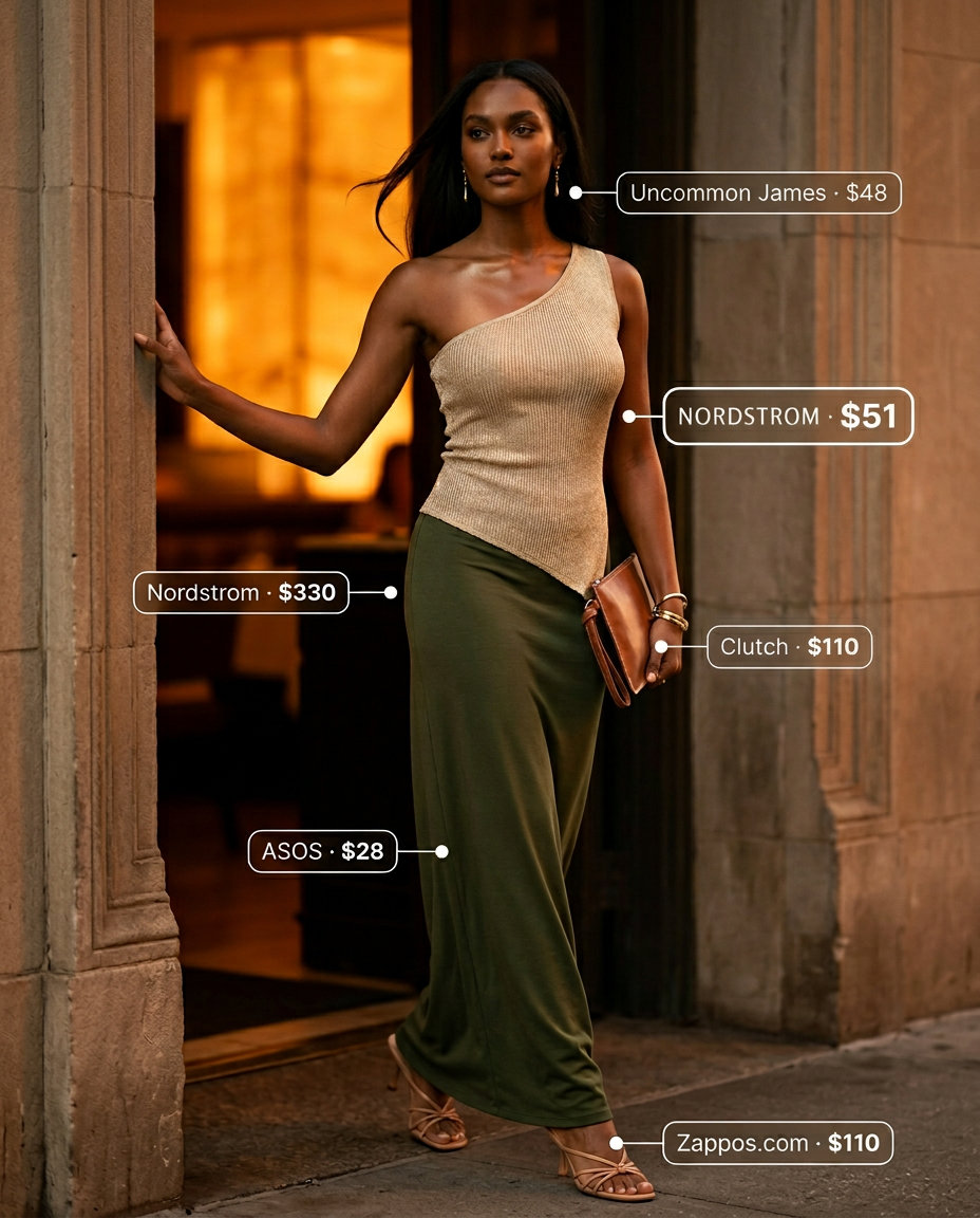 Golden hour goddess outfit: Gold tube top, olive green maxi skirt. Summer tube top with maxi skirt outfits 2026.