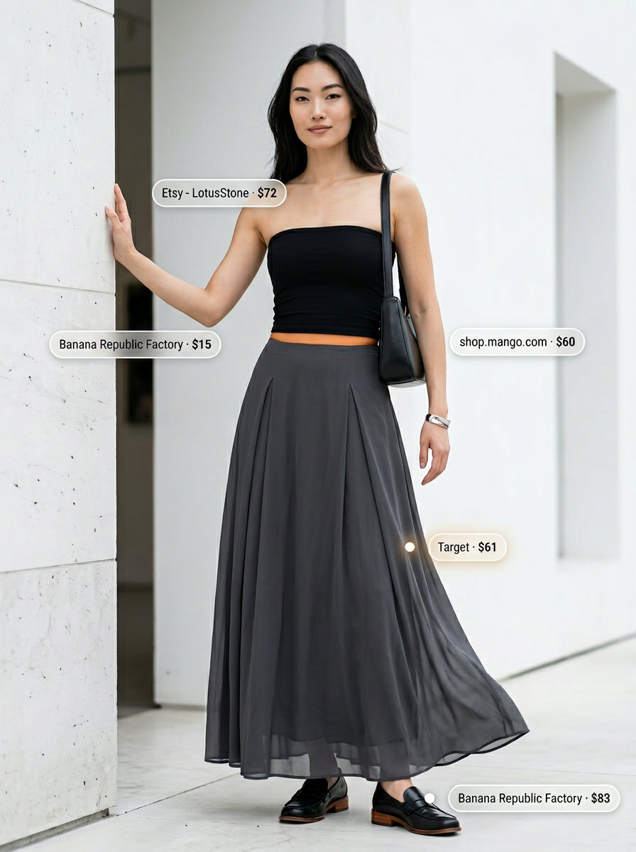 Minimalist summer tube top with maxi skirt outfits 2026: Black fitted tube top, charcoal grey pleated maxi skirt, loafers.