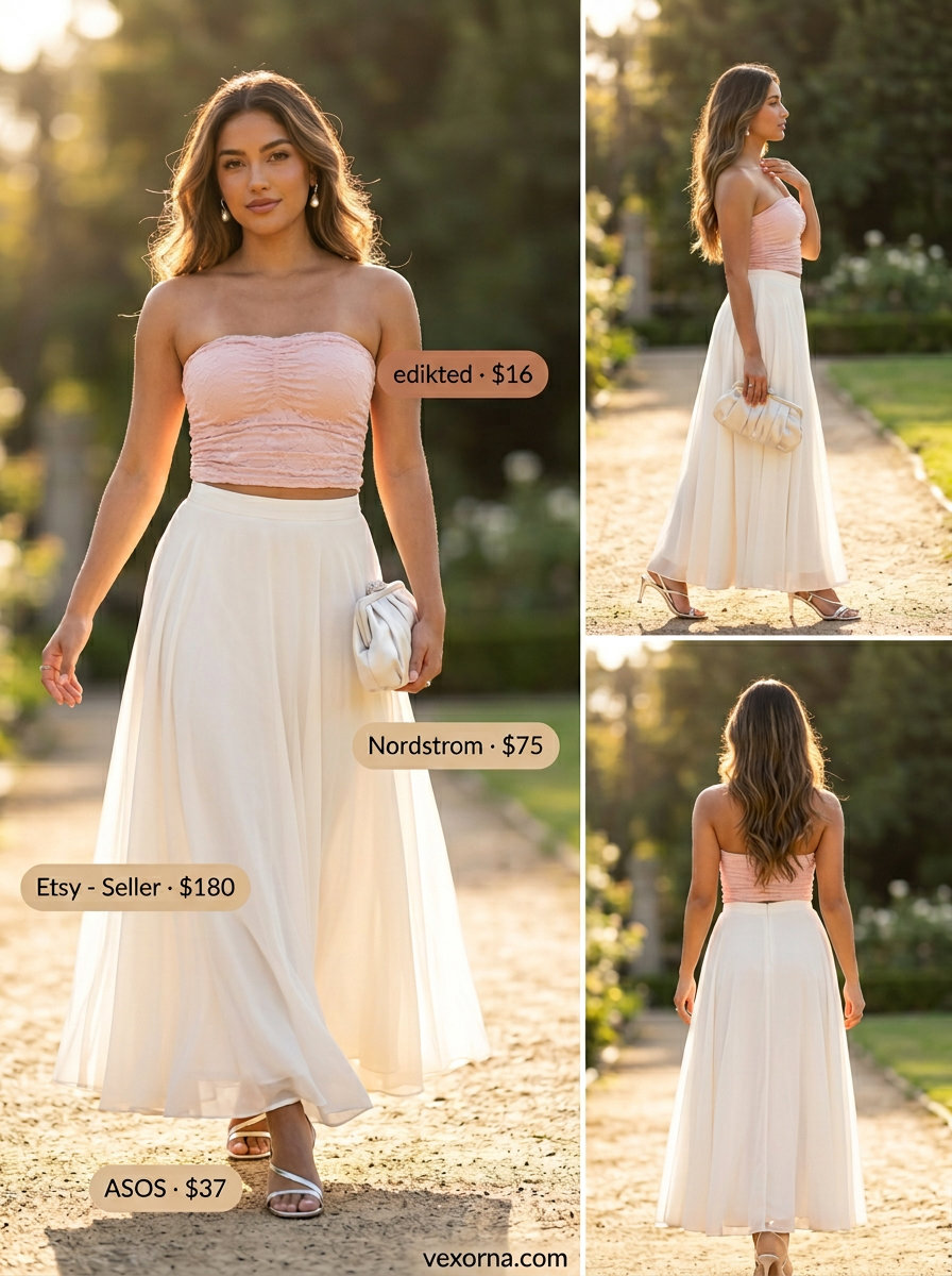 Romantic summer tube top with maxi skirt outfits 2026: Blush pink lace tube top, ivory maxi skirt, silver sandals.