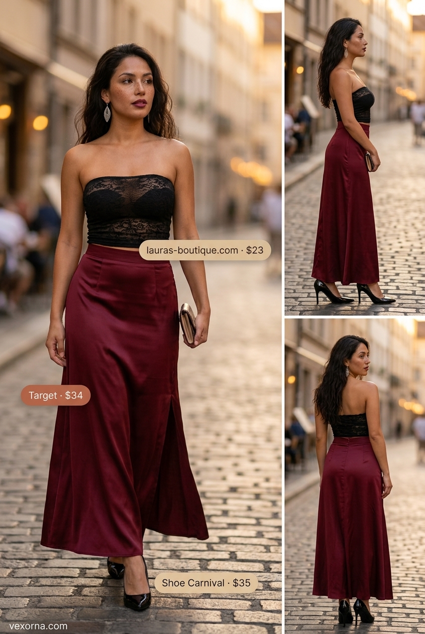 Modern romantic evening outfit: Black lace tube top, burgundy maxi skirt. Summer tube top with maxi skirt outfits 2026.