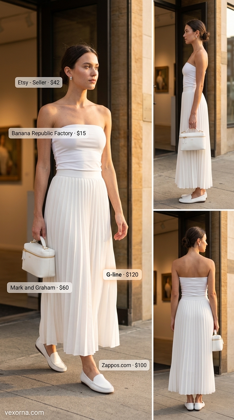 Monochromatic summer tube top with maxi skirt outfits 2026: All white ribbed tube top and pleated maxi skirt.