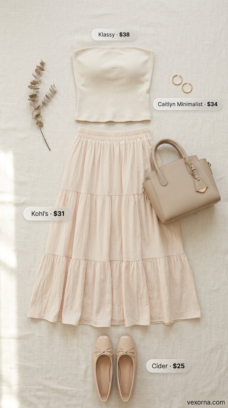 Monochrome muse outfit: Beige tube top, beige maxi skirt, ballet flats. Summer tube top with maxi skirt outfits 2026.