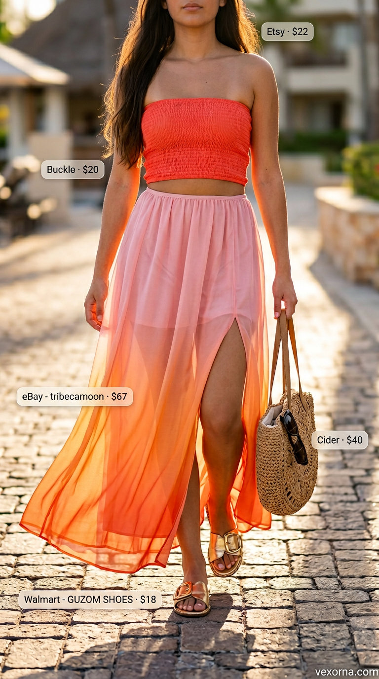 Sunset glow resort outfit: Coral tube top, ombre maxi skirt, gold sandals. Summer tube top with maxi skirt outfits 2026.