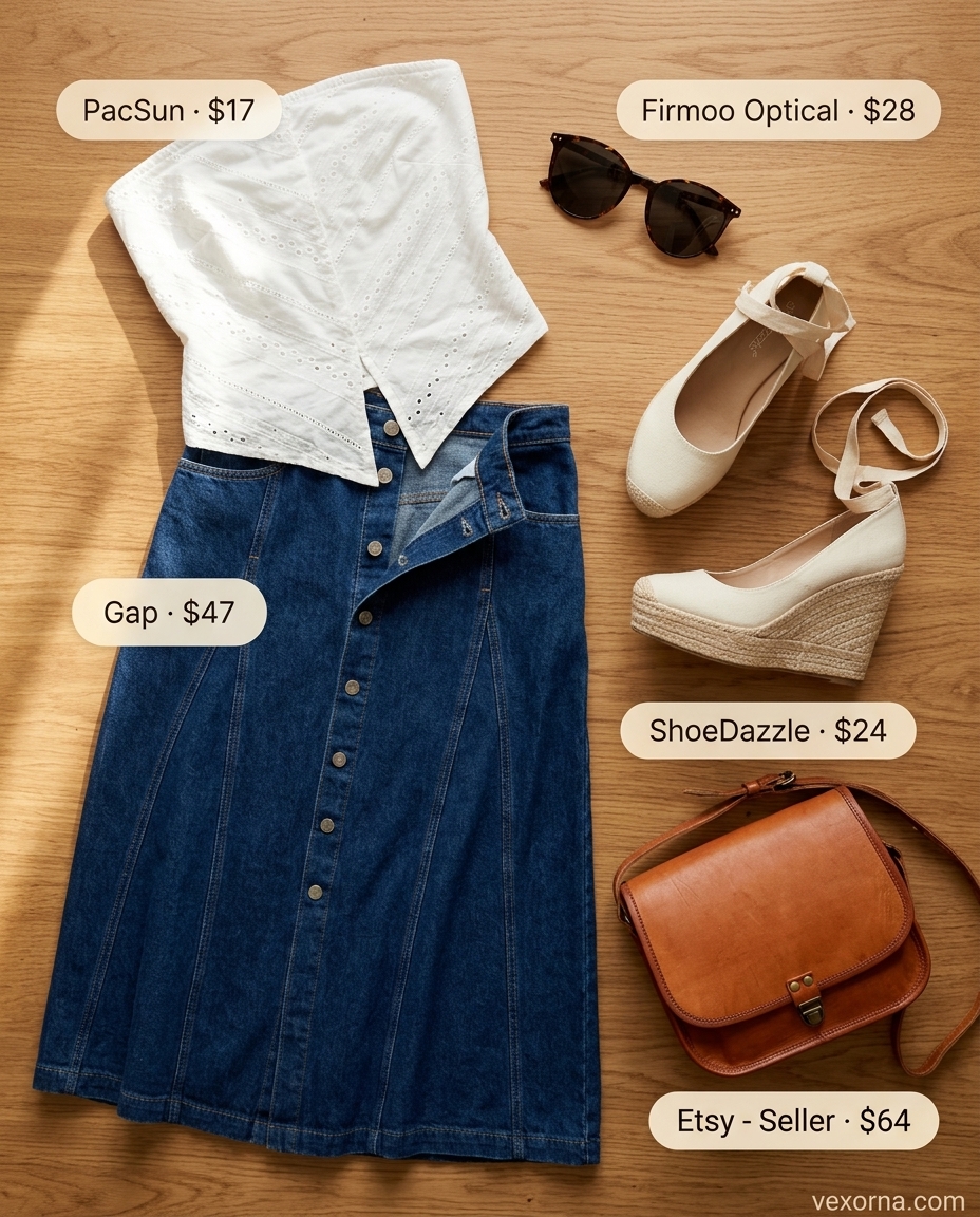Playful summer tube top with maxi skirt outfits 2026: White eyelet tube top, denim maxi skirt, espadrilles.