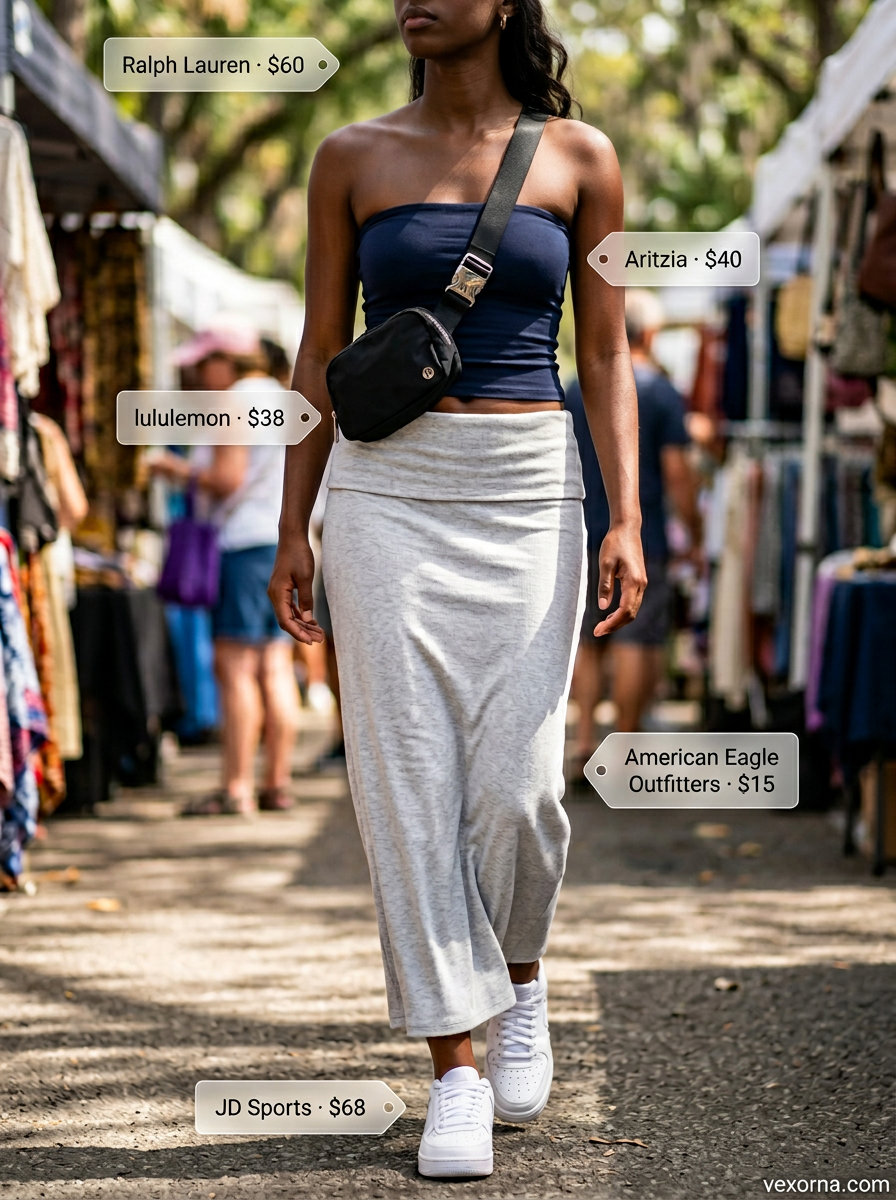 Sporty summer cool outfit: Navy tube top, athletic maxi skirt, sneakers. Summer tube top with maxi skirt outfits 2026.