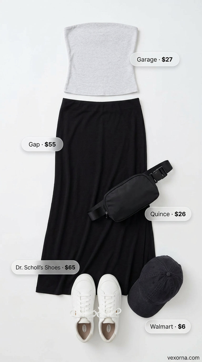 Sporty summer tube top with maxi skirt outfits 2026: Grey marl tube top, black jersey maxi skirt, sneakers & cap.
