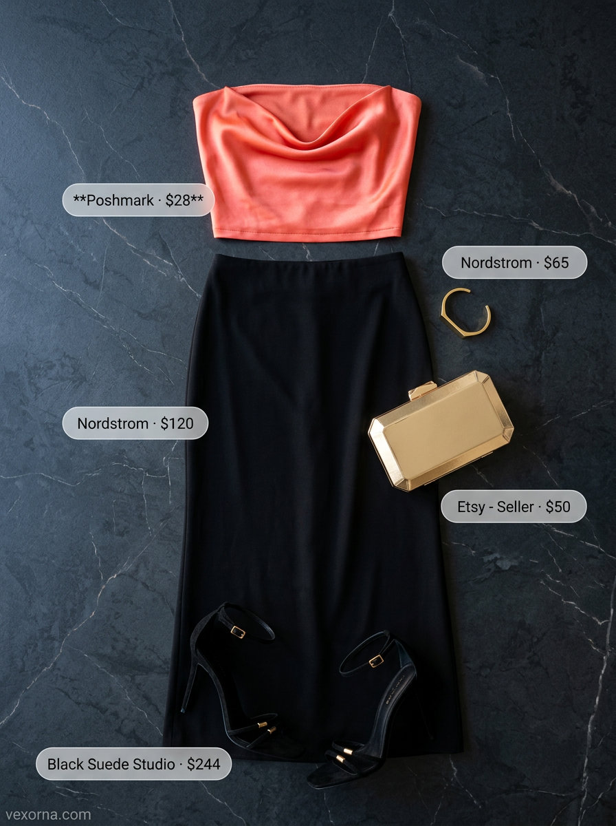Vibrant summer tube top with maxi skirt outfits 2026: Coral satin tube top, black maxi skirt, gold clutch & heels.