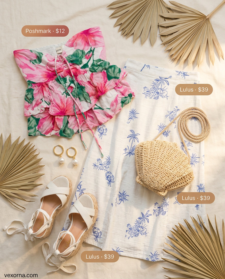 Vibrant summer tube top with maxi skirt outfits 2026: Floral tube top, emerald green maxi skirt, espadrilles.