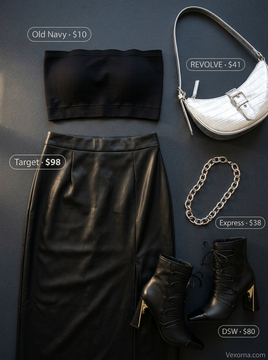 Urban edge chic outfit: Black tube top, patent maxi skirt, ankle boots. Summer tube top with maxi skirt outfits 2026.