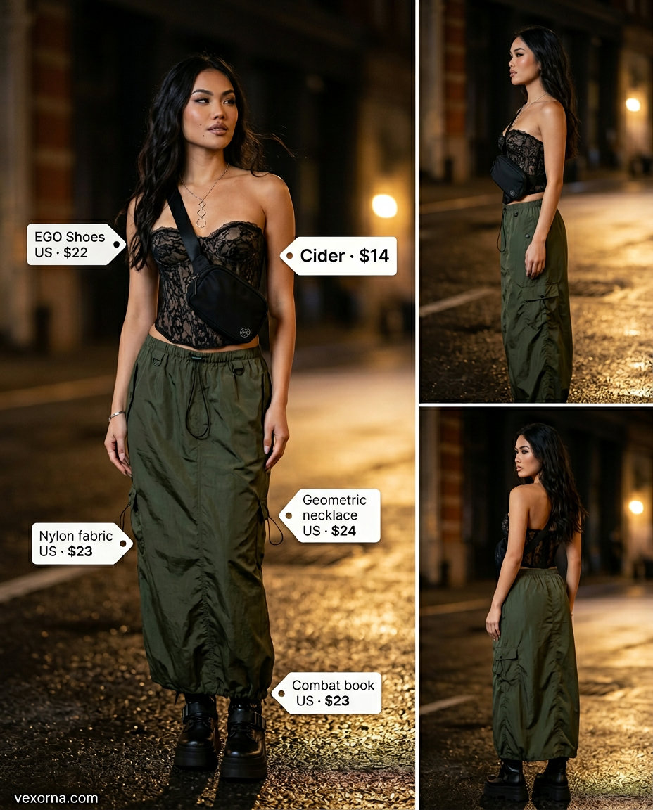 Edgy summer tube top with maxi skirt outfits 2026: Black lace tube top, olive cargo maxi skirt, combat boots.