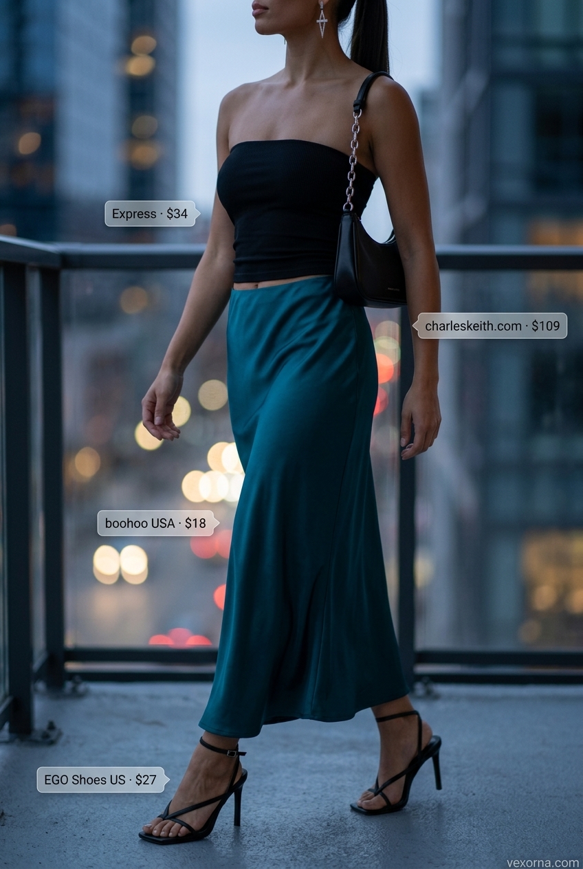 Urban oasis chic outfit: Black tube top, teal satin maxi skirt, heels. Summer tube top with maxi skirt outfits 2026.