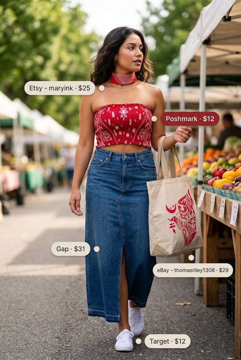 Retro summer tube top with maxi skirt outfits 2026: Red bandana print tube top, denim maxi skirt, sneakers.