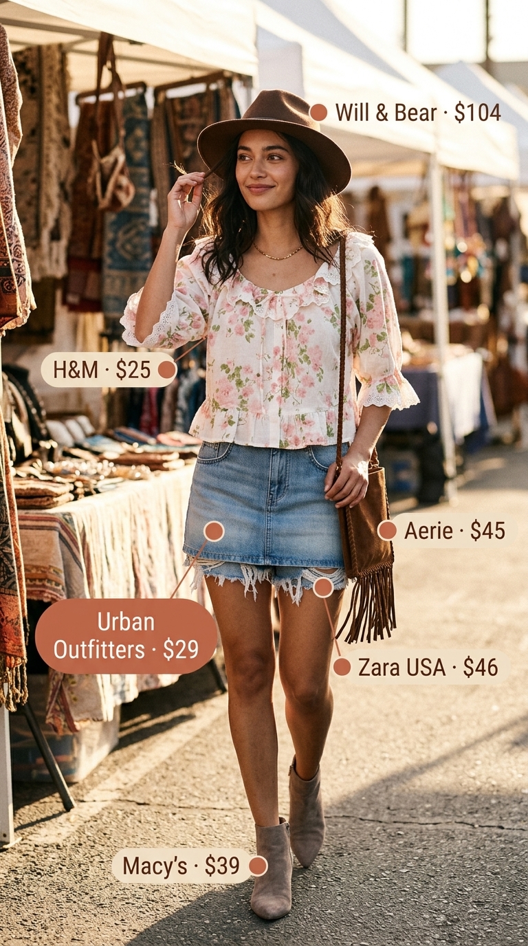 Boho festival ultra-mini skirt outfit with flowy blouse and suede fringe bag for summer 2026.