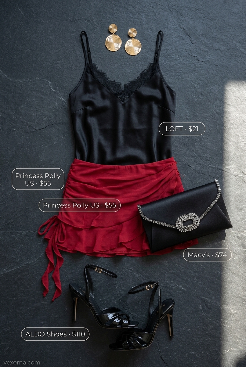 Glamorous burgundy ultra-mini skirt outfit with black silk cami and gold accessories for summer 2026.