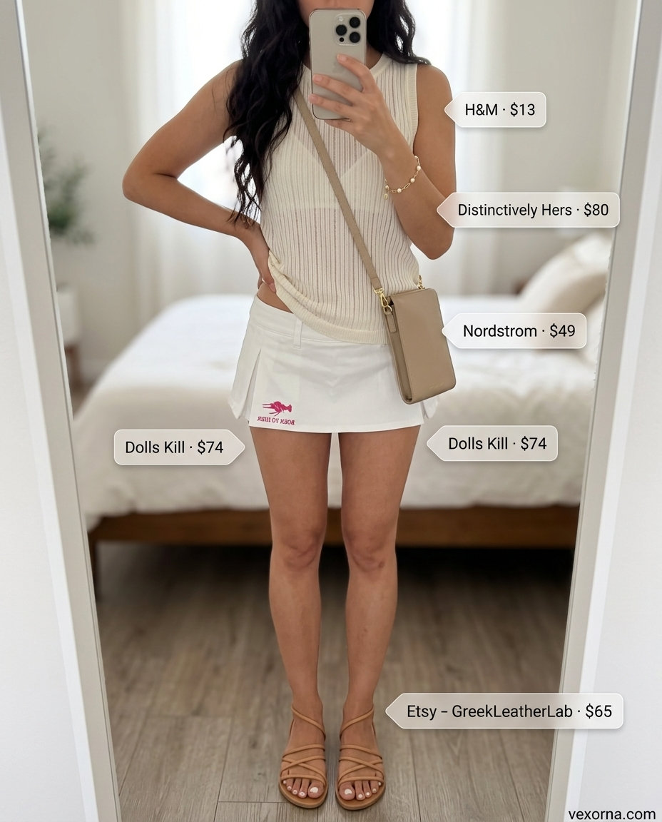 Chic natural beige ultra-mini skirt outfit for summer evenings 2026. Elegant and minimalist.