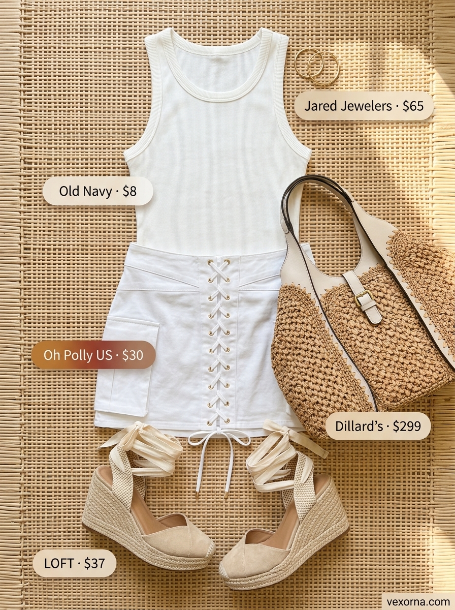 Relaxed coastal ultra-mini skirt outfit with white tank and straw tote for summer 2026.