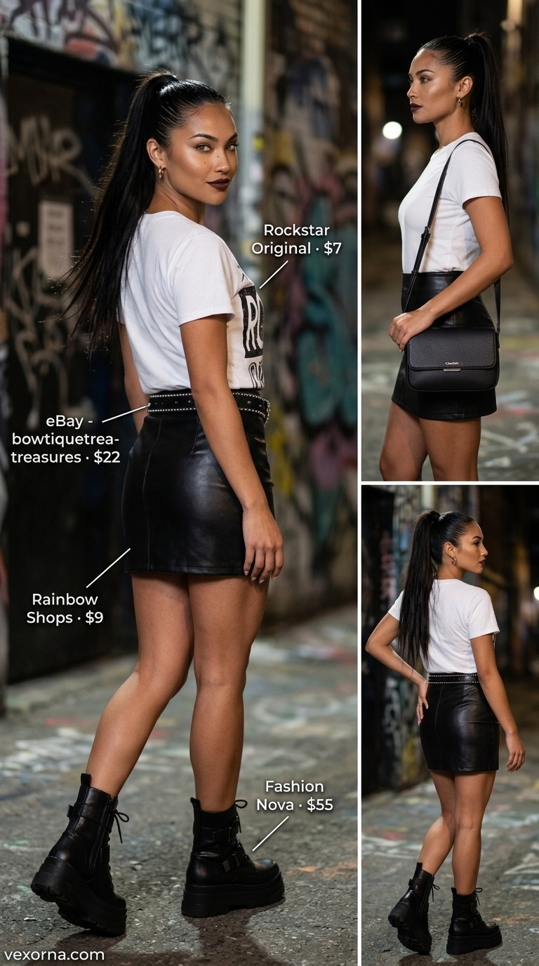 Edgy summer night ultra-mini outfit with faux leather skirt, band tee, and platform boots. Cool concert style.