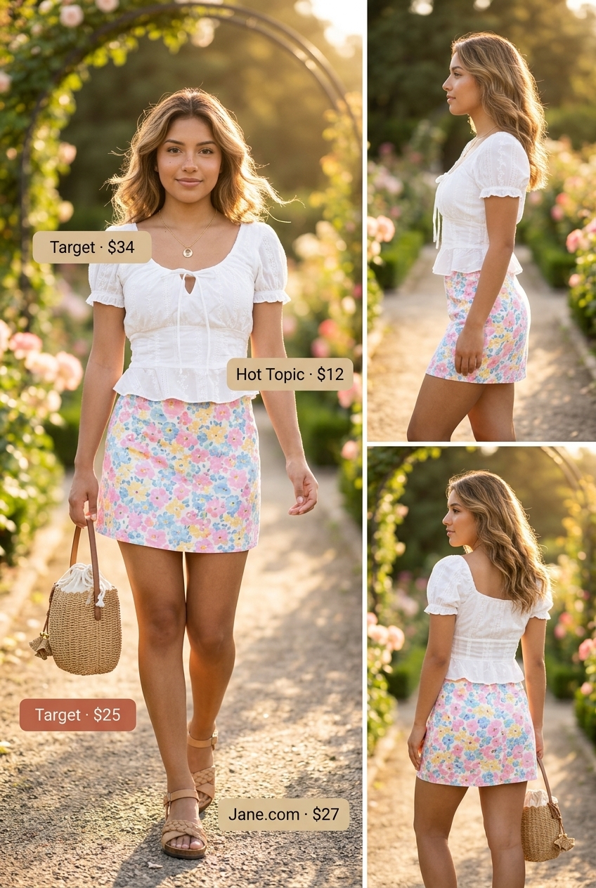 Sweet summer bloom ultra-mini outfit with floral skirt, white eyelet top, and raffia bag. Feminine garden party style.