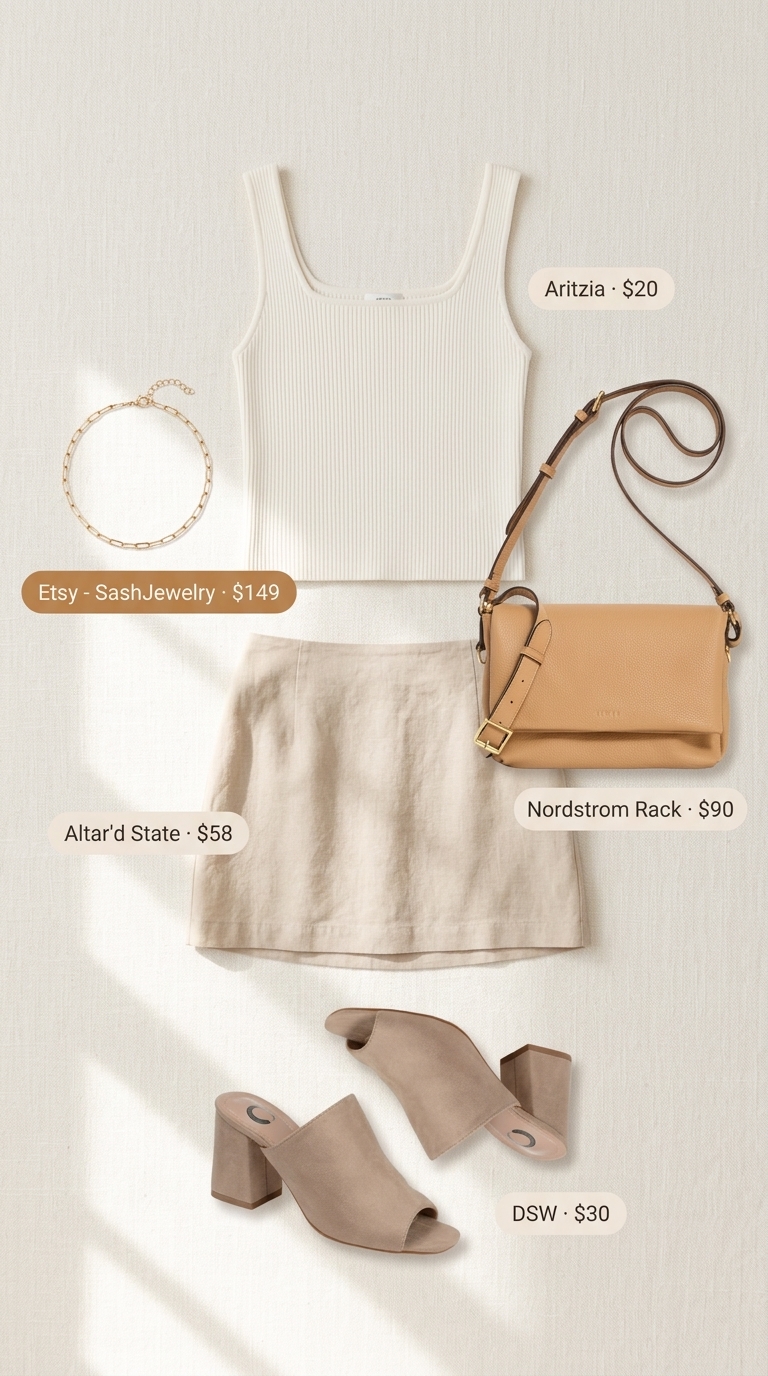 Monochrome ultra-mini outfit in white and cream with linen skirt, fitted tank, and block heel mules. Chic summer style.