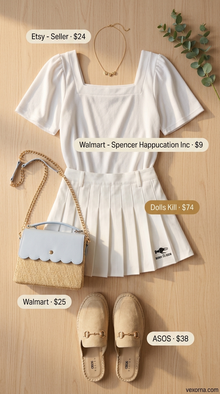 Romantic pastel pink ultra-mini skirt outfit for a summer picnic or garden party. Feminine and sweet.