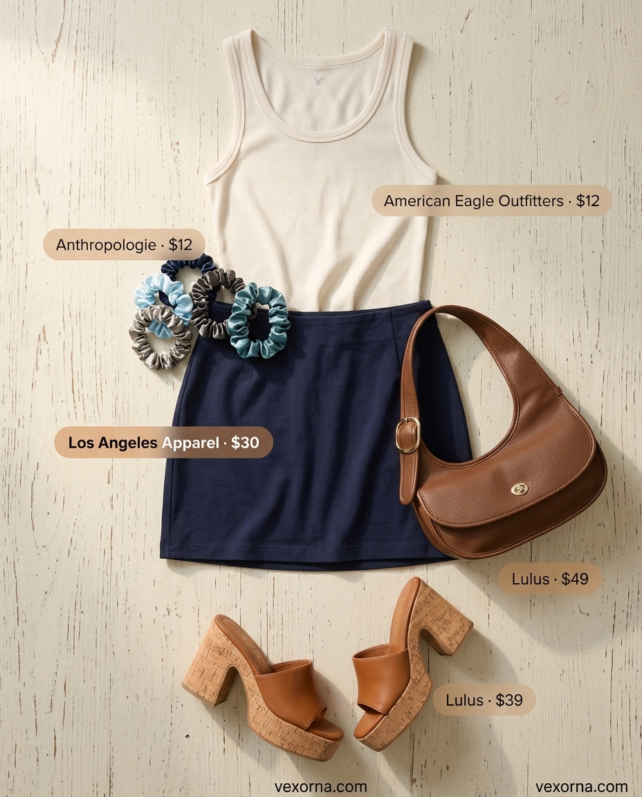 Retro denim ultra-mini skirt outfit with cream tank and brown shoulder bag for casual summer 2026.