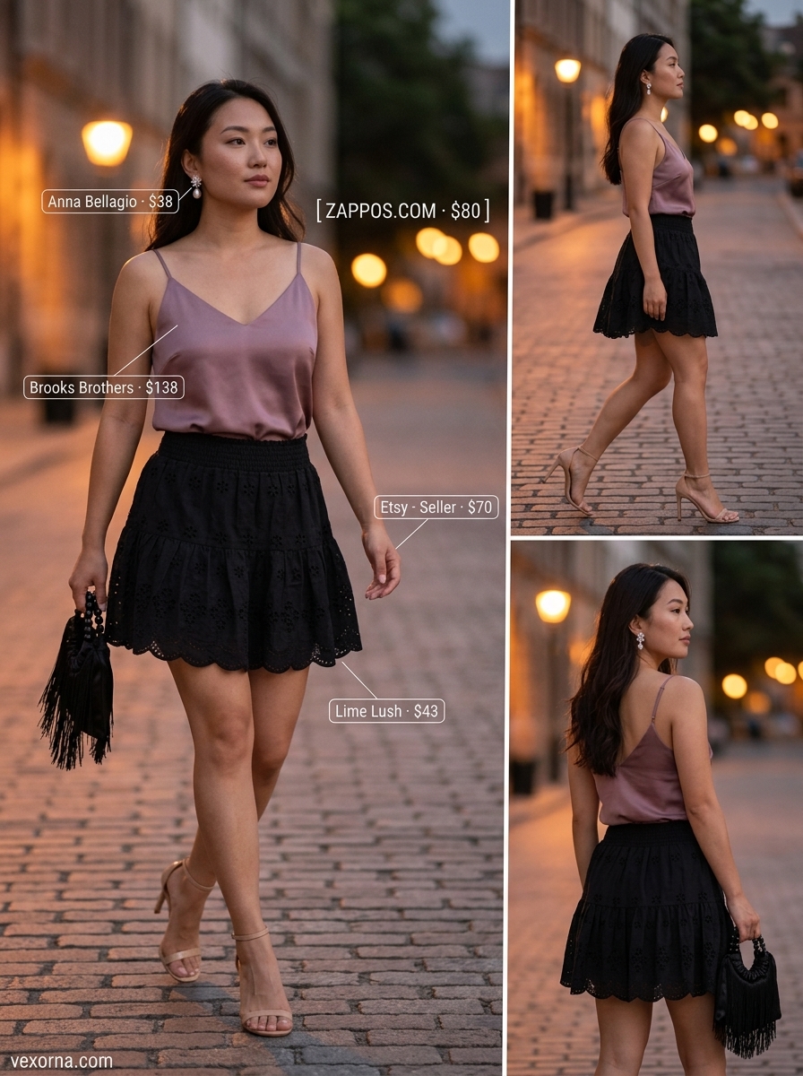 Summer evening elegance ultra-mini outfit with black lace skirt, blush camisole, and strappy heels. Romantic date night style.