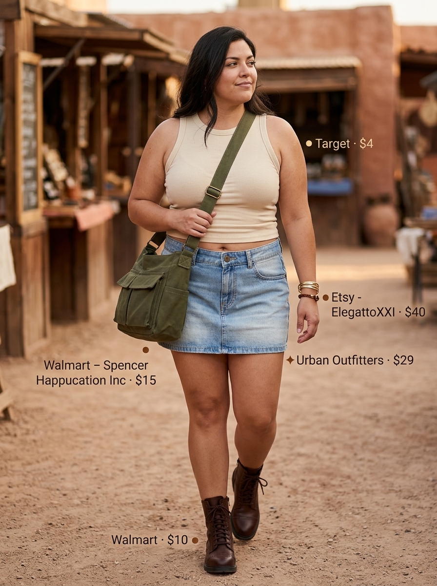 Safari adventure ultra-mini outfit in olive green and beige with utility crossbody bag and combat boots. Great for exploring.
