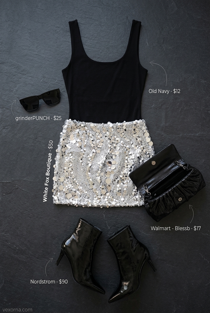 Sparkling sequin ultra-mini skirt outfit with black bodysuit and ankle boots for summer 2026.