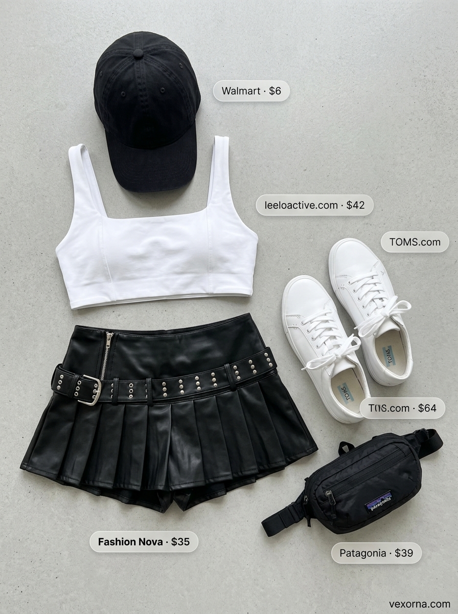 Sporty black ultra-mini skirt outfit with white cropped tank and sneakers for summer 2026.