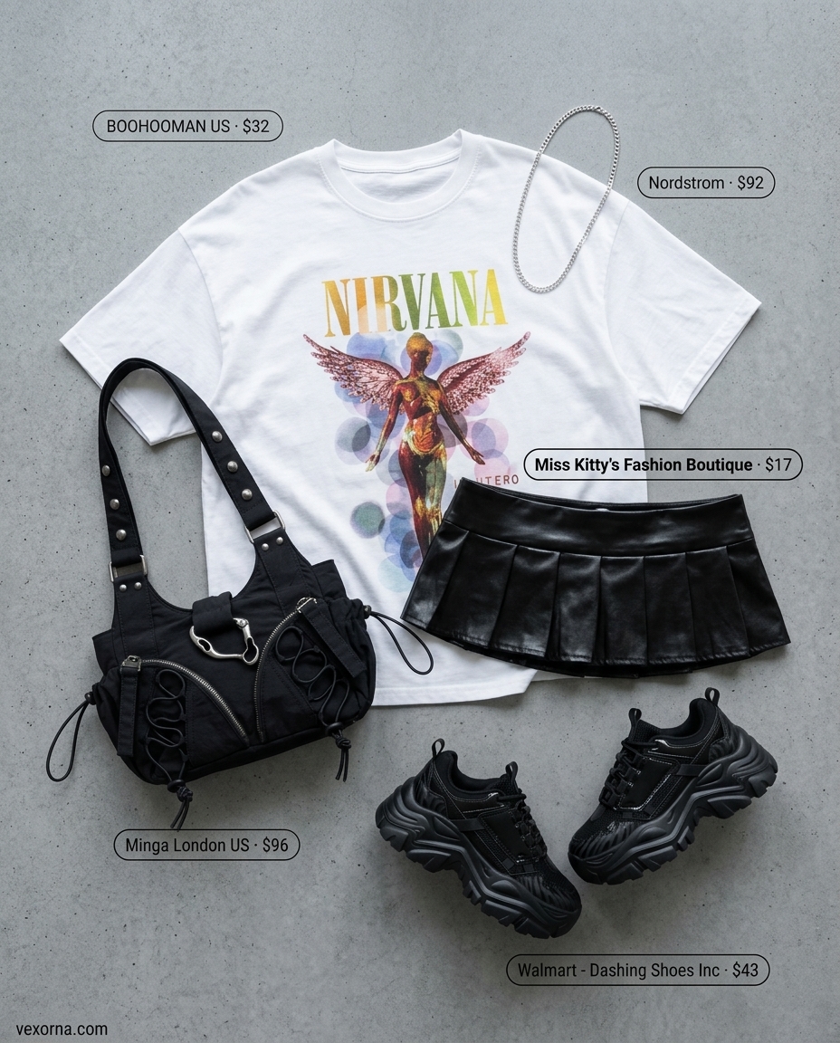 Urban explorer ultra-mini outfit with black skirt, graphic tee, and platform sneakers. Cool city style.
