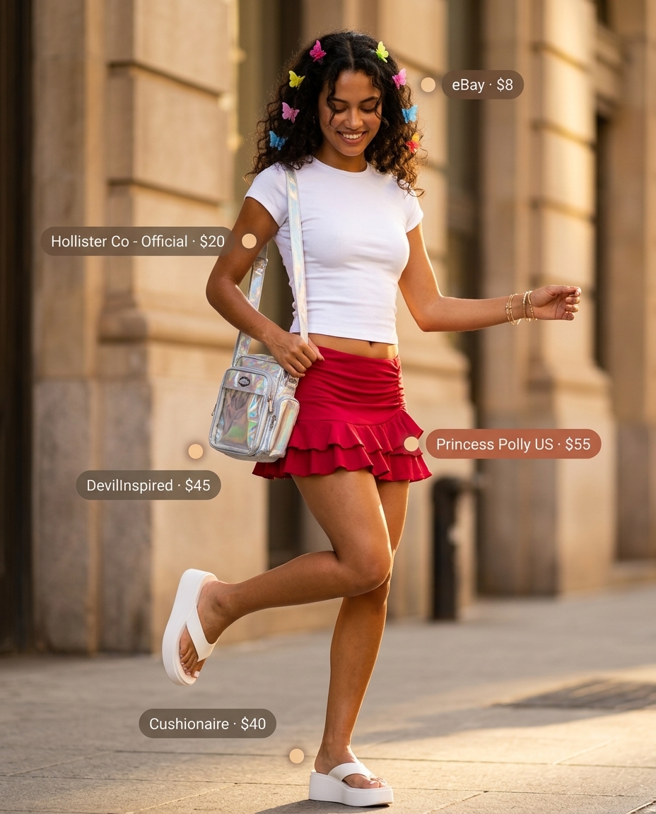 Playful Y2K ultra-mini skirt outfit with hot pink baby tee and butterfly clips for summer 2026.