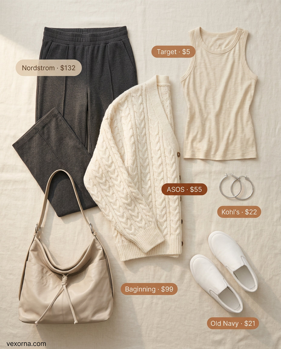 Athleisure Wide Leg Pants Outfits for Women 2026 Elevated athleisure tailored summer wide leg pants outfits for women 2026 in charcoal grey with cream cardigan.