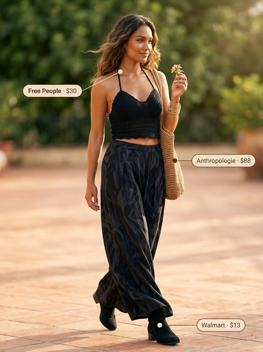 Bohemian Wide Leg Pants Outfits for Women 2026 Bohemian tailored summer wide leg pants outfits for women 2026 with cream/black print pants, black crop top, and ankle boots.