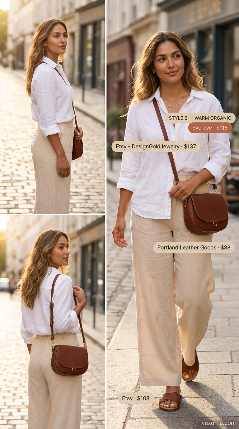 Linen Wide Leg Pants Outfits for Women 2026 Effortless linen chic tailored summer wide leg pants outfits for women 2026 in cream with tan slides.