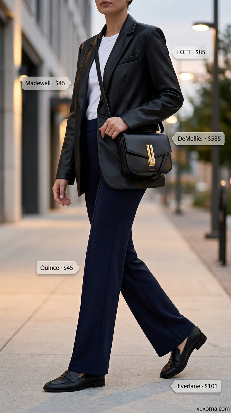 Modern Tailored Wide Leg Pants Outfits for Women 2026 Modern tailored summer wide leg pants outfits for women 2026 in navy with white tee, black blazer, and loafers.