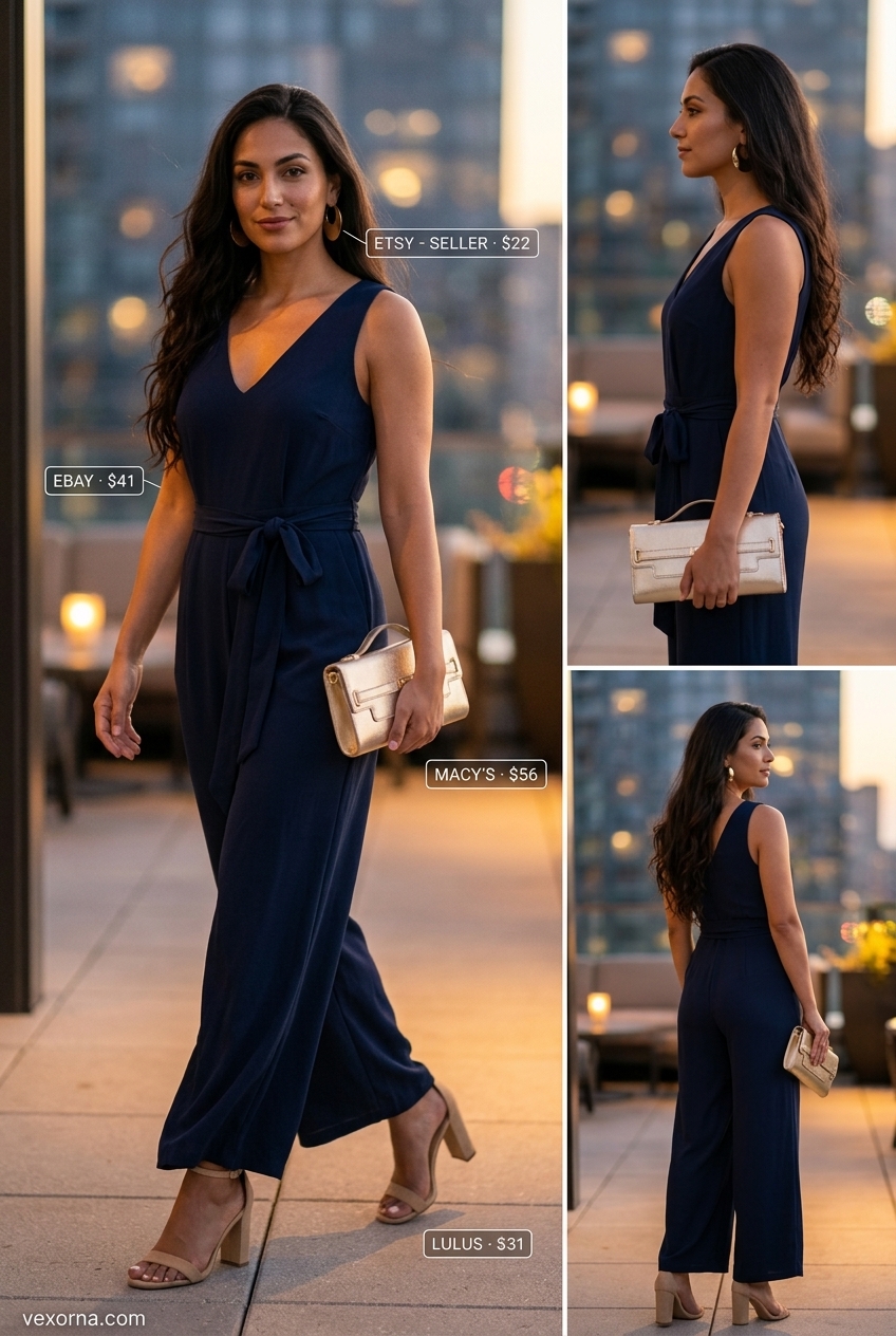 Navy Wide Leg Jumpsuit Outfits for Women 2026 Elevated summer jumpsuit tailored outfits for women 2026 in navy with gold earrings and tan sandals.