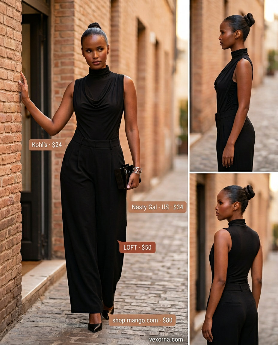 Sophisticated City Wide Leg Pants Outfits for Women 2026 Sophisticated city tailored summer wide leg pants outfits for women 2026 in olive green with black bodysuit and heels.