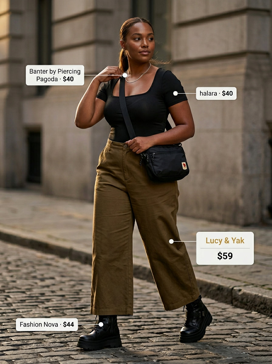 Utility Chic Wide Leg Pants Outfits for Women 2026 Utility chic tailored summer wide leg pants outfits for women 2026 in khaki with black bodysuit and combat boots.