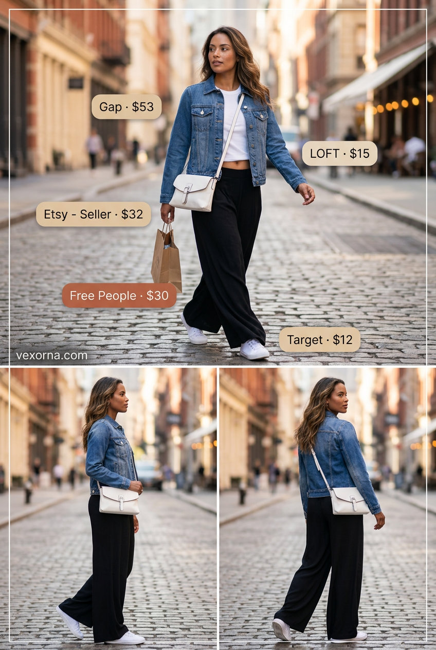 Casual Weekend Wide Leg Pants 2026 Tailored summer wide leg pants outfits for women 2026: Blush pink wide leg pants, white tee, denim jacket for weekend brunch.
