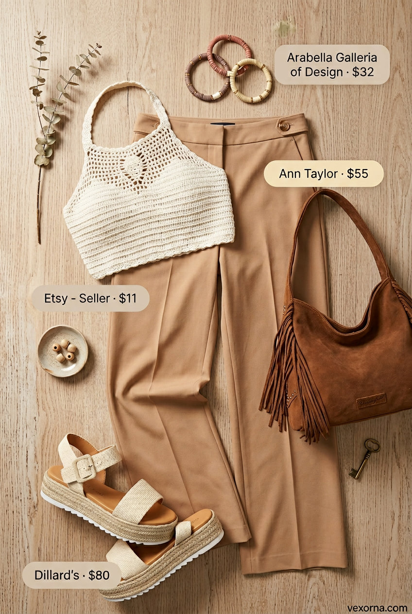 Boho Summer Wide Leg Pants 2026 Tailored summer wide leg pants outfits for women 2026: Boho earth tones, crochet top, espadrilles for festivals.