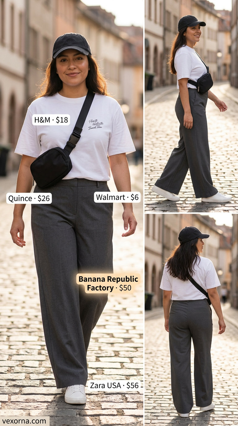 Casual Comfort Wide Leg Pants Outfits for Women 2026 Tailored summer wide leg pants outfits for women 2026: Grey pants, graphic tee, white sneakers for casual comfort.