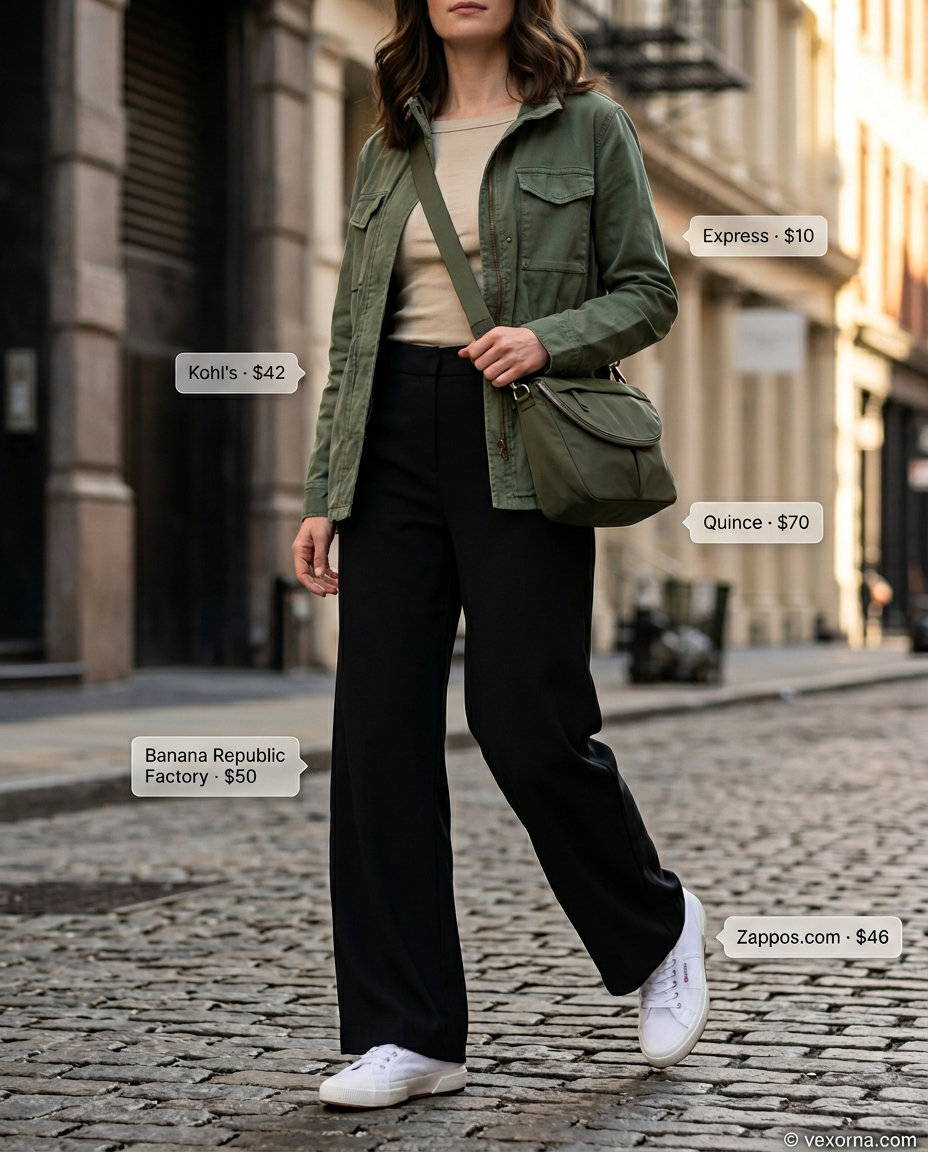 City Explorer Wide Leg Pants Outfits for Women 2026 Tailored summer wide leg pants outfits for women 2026: Denim blue pants, olive jacket, cream top for city exploration.
