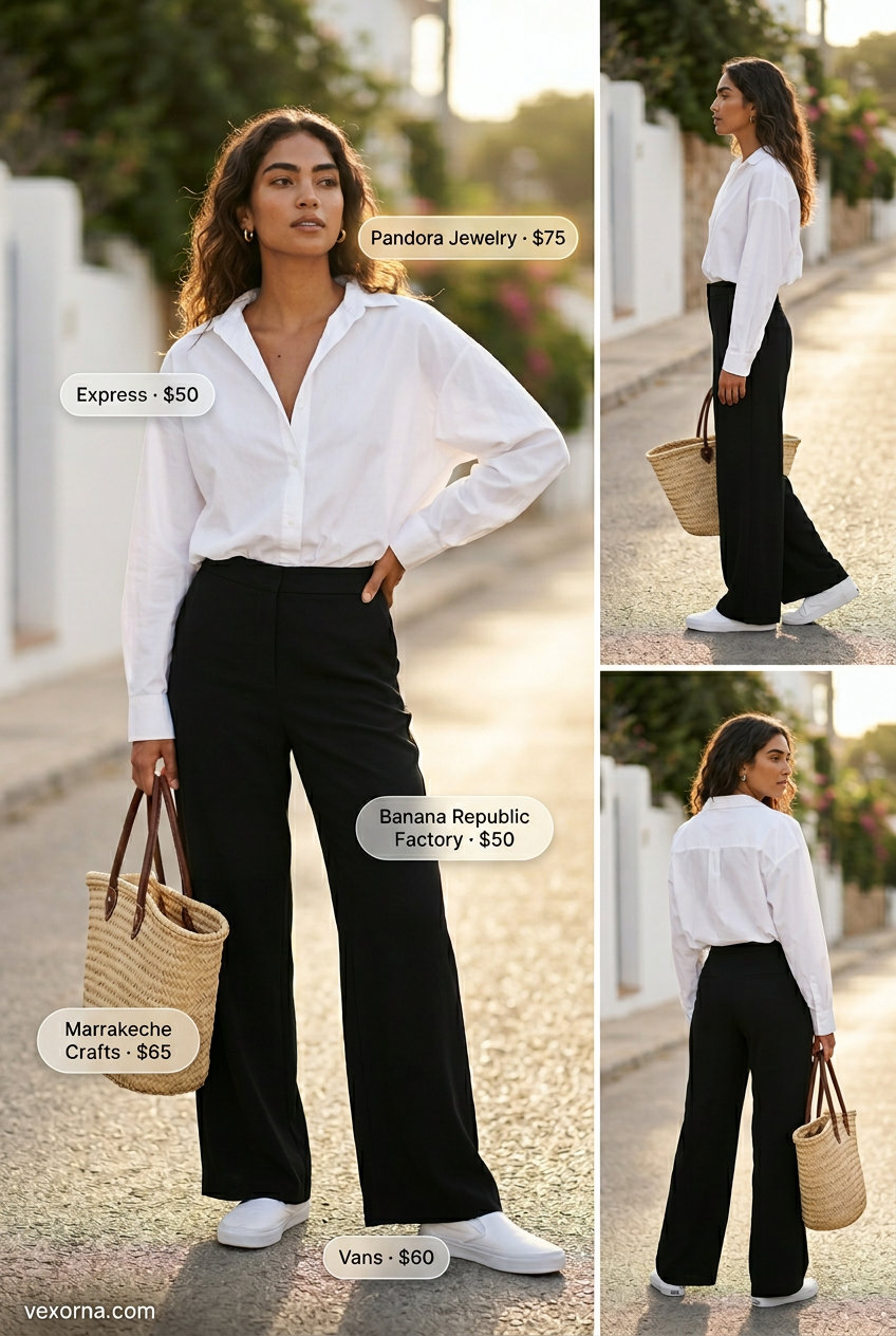 Coastal Breeze Wide Leg Pants Outfits for Women 2026 Tailored summer wide leg pants outfits for women 2026: Blue pants, white shirt, straw bag for coastal vibes.