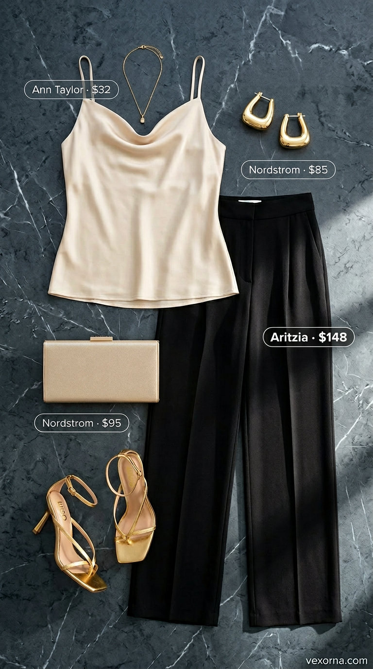 Glamorous Summer Wide Leg Pants 2026 Tailored summer wide leg pants outfits for women 2026: Coral wide leg pants, satin cami, metallic heels for evening out.